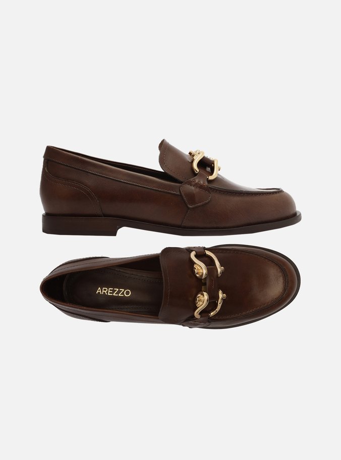 Mocassim Marrom Couro Bico Redondo Metal
