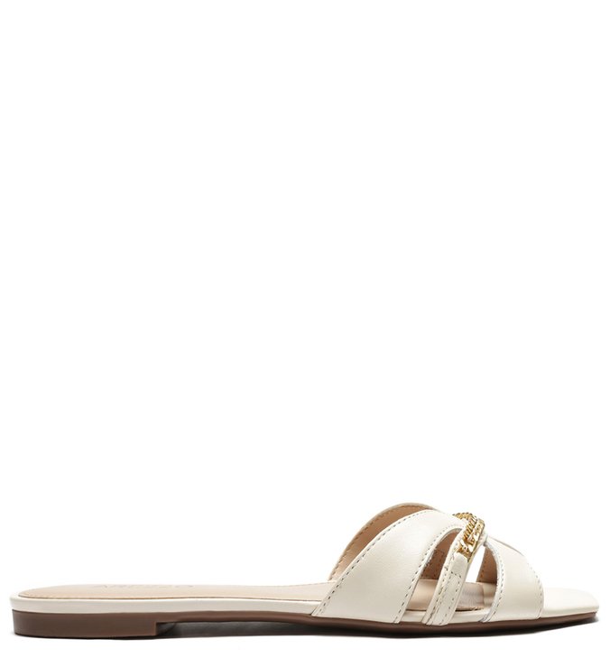 Rasteira Branca Couro Flat Corrente