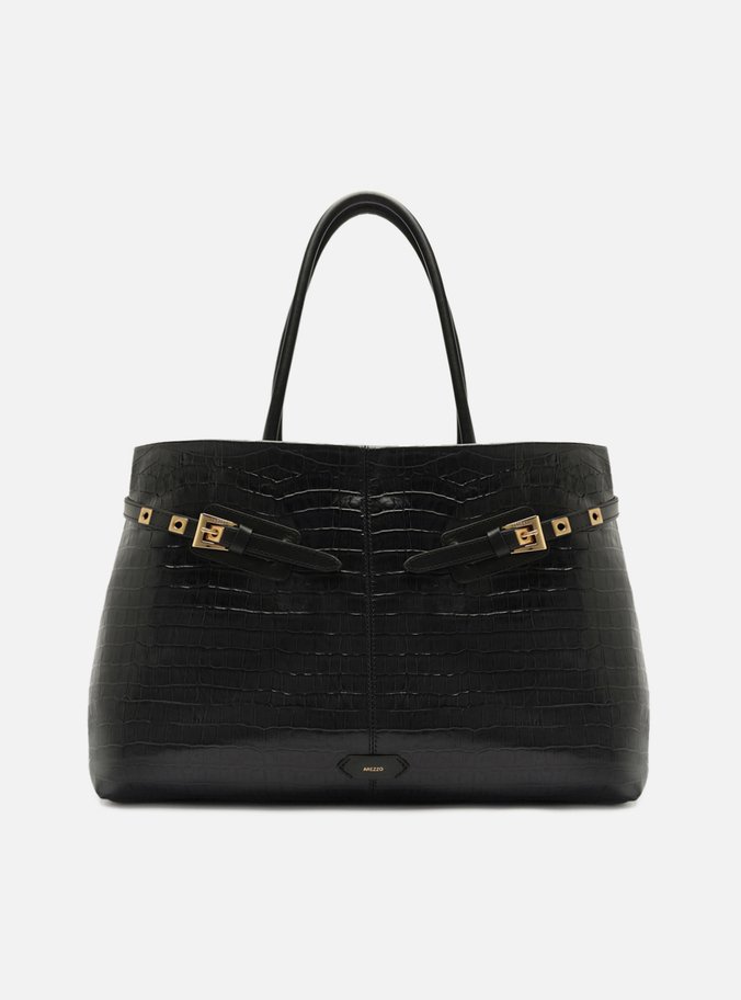 Bolsa Shopping Preta Couro Croco Grande Fivelas