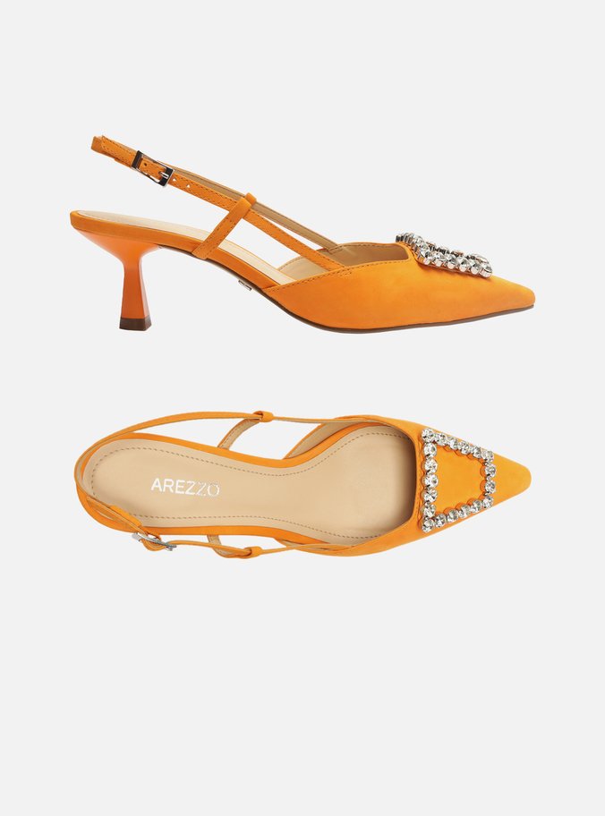 Scarpin Laranja Nobuck Bico Fino Slingback Emily