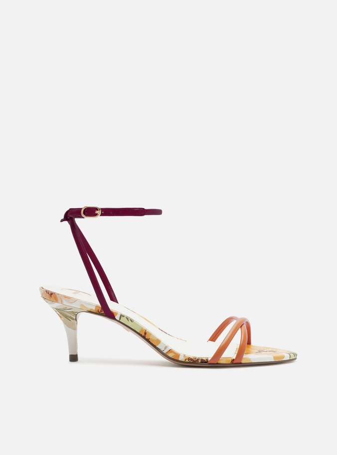 Sandália Multicolorida Estampa Floral Couro Salto Fino Médio Tiras