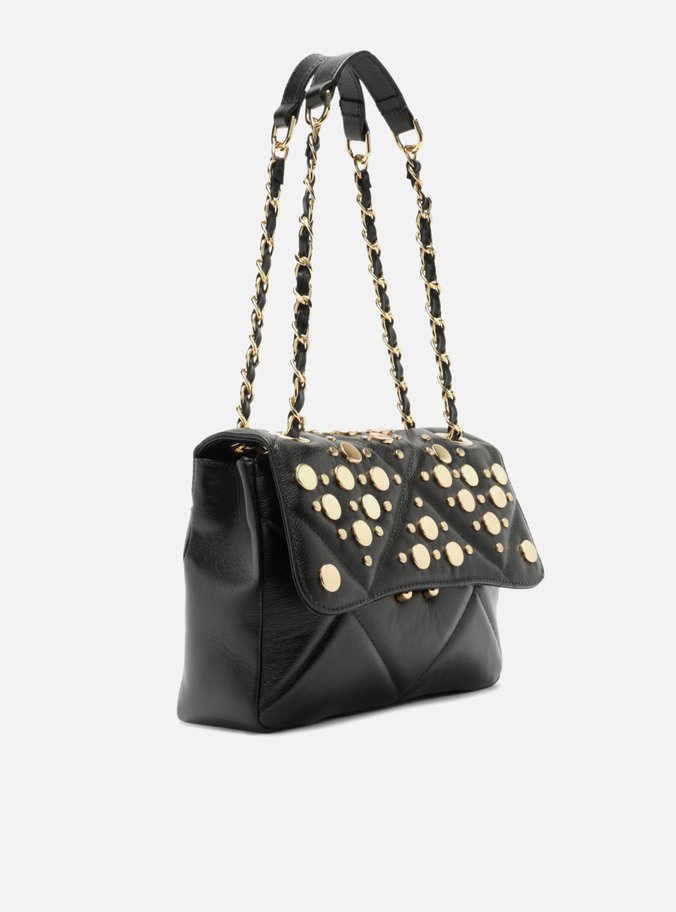 Bolsa Tiracolo Preta Couro Mizz Média Tachas