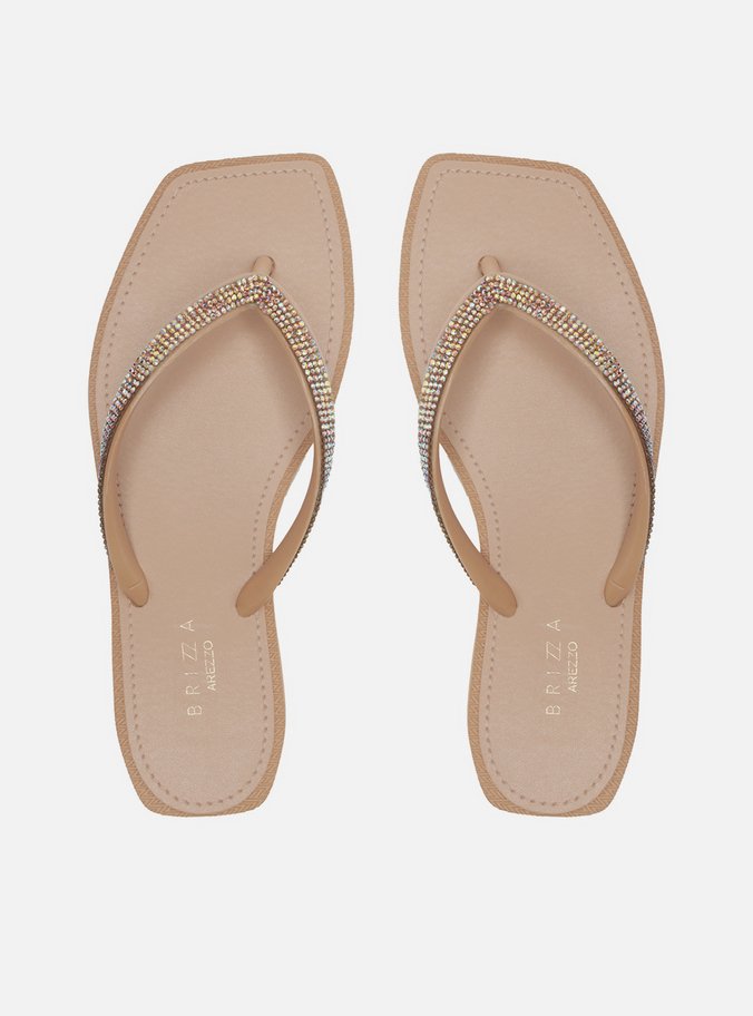Chinelo de Dedo Bege Square Strass