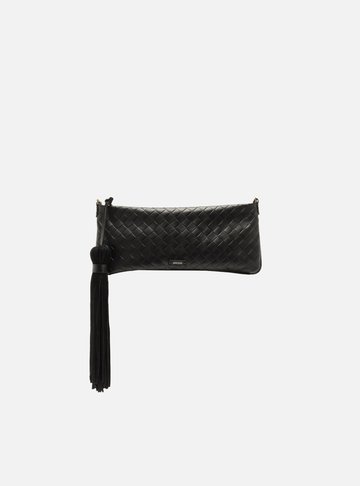 Arezzo — Bolsa Clutch Preta Couro Pequena Tressê Franja