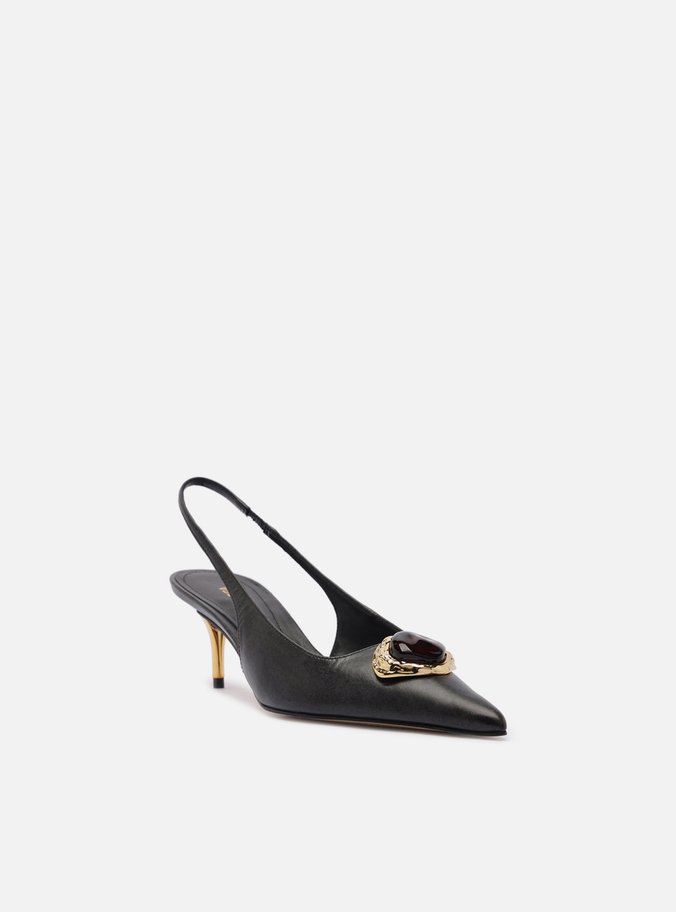 Scarpin Preto Couro Salto Baixo Slingback Pedraria