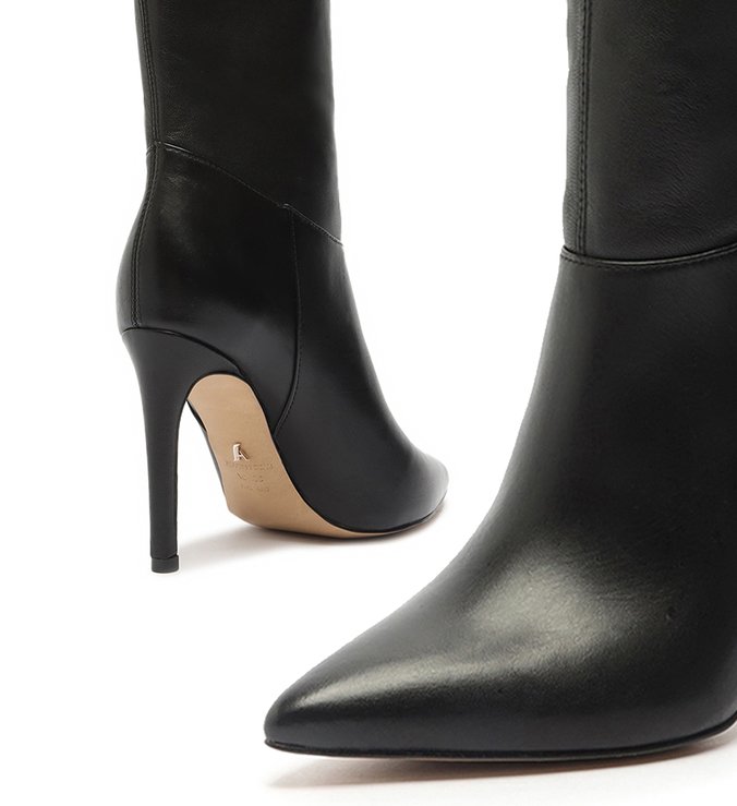 Bota Preta Couro Cano Alto Salto Alto Fino