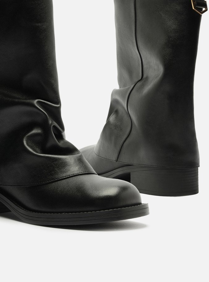 Bota Preta Couro Cano Curto Bloco Polaina
