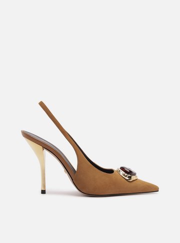 Scarpin Marrom Camurça Salto Alto Slingback Pedraria
