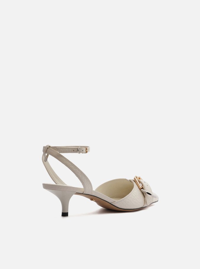 Scarpin Branco Couro Salto Kitten Aberto Fivela