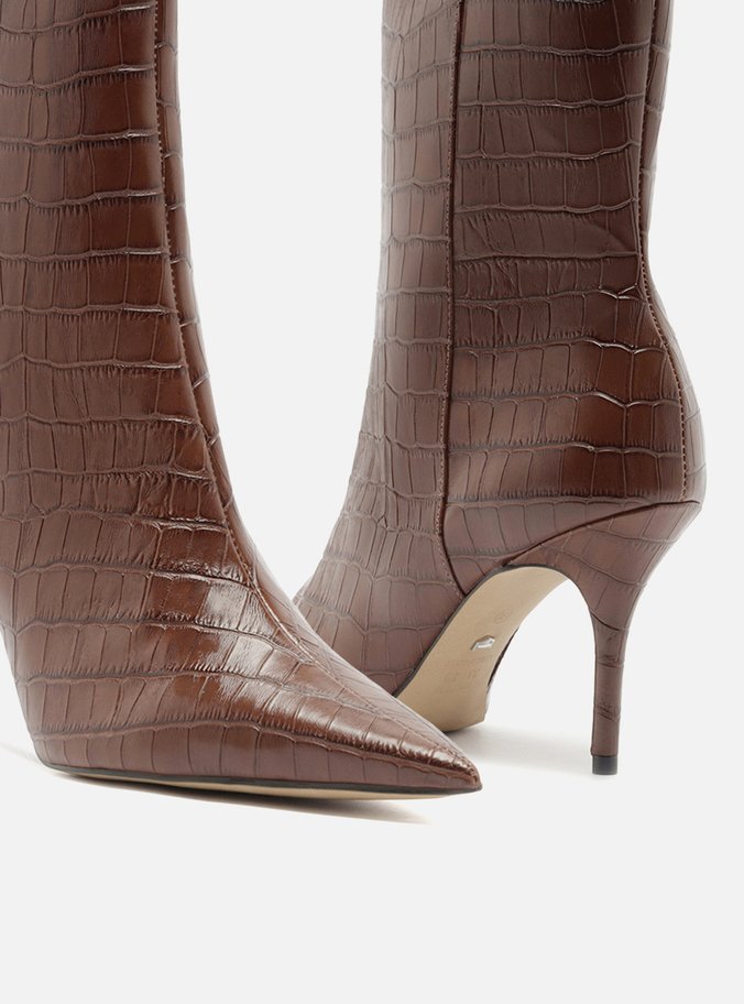 Bota Marrom Croco Cano Médio Salto Fino