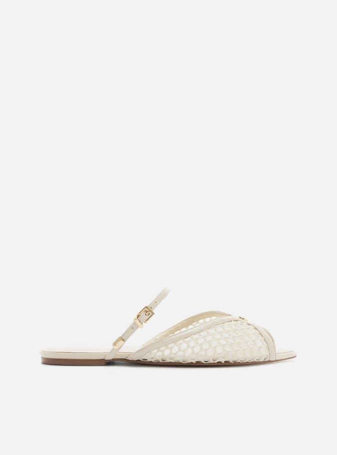Sandália Rasteira Off White Crochê Bico Folha Slingback