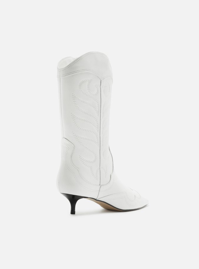 Bota Branca Couro Cano Médio Salto Fino Western