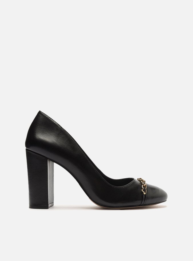Scarpin Preto Couro Salto Alto Bloco Corrente