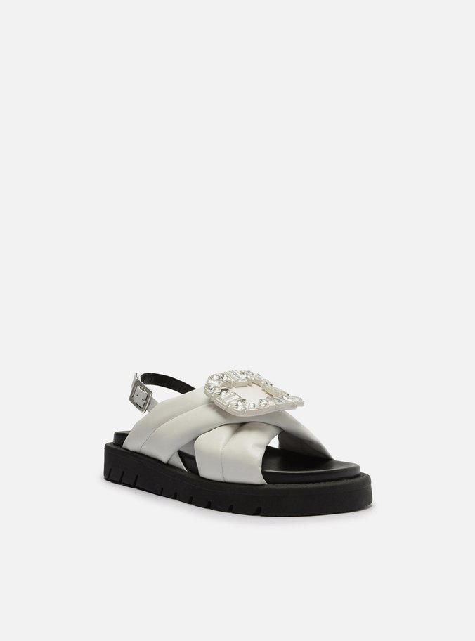 Sandália Papete Branca Couro Flatform Pedraria