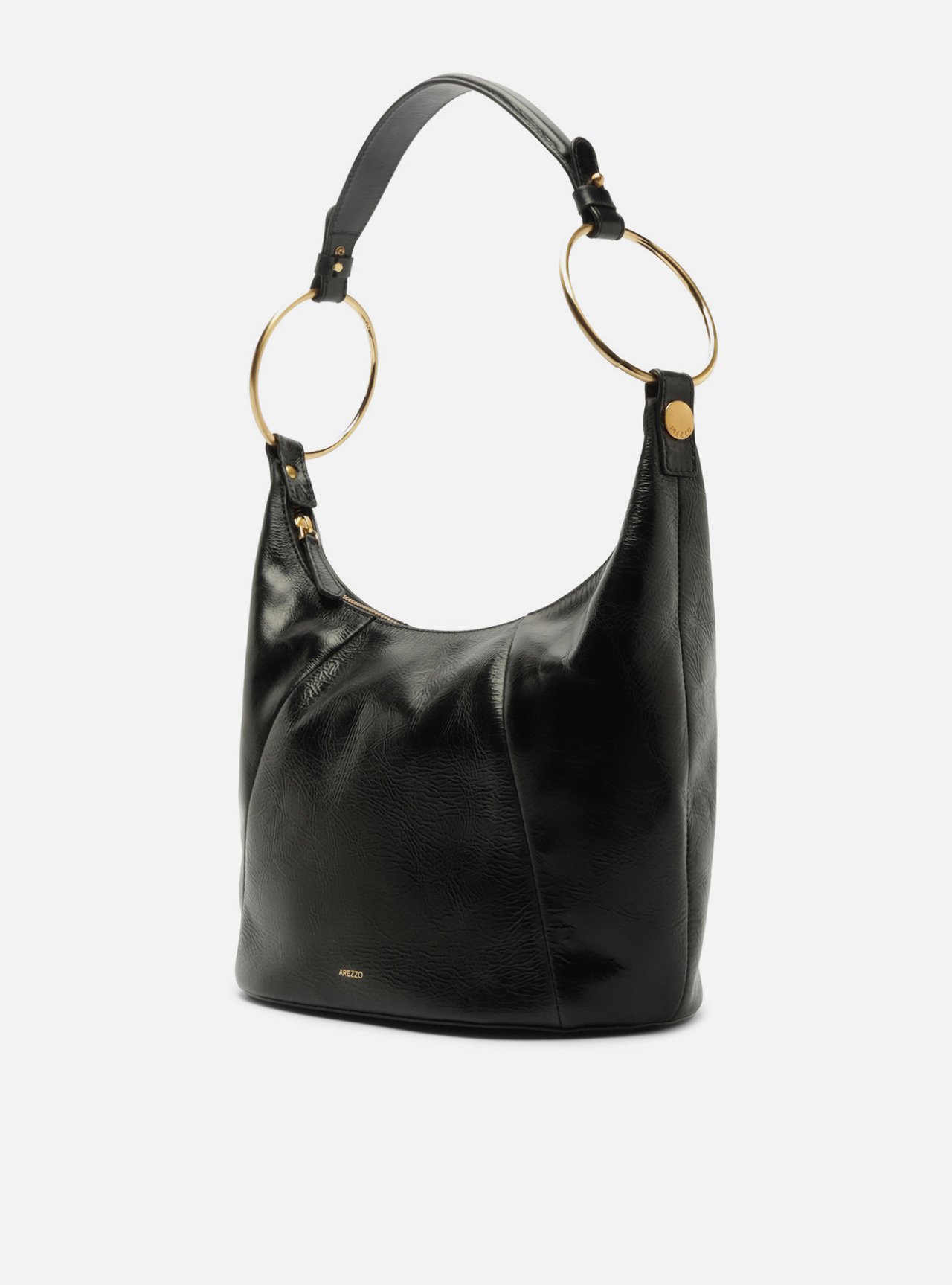 Bolsa Shoulder Preta Couro Média Argolas Alça — foto 2