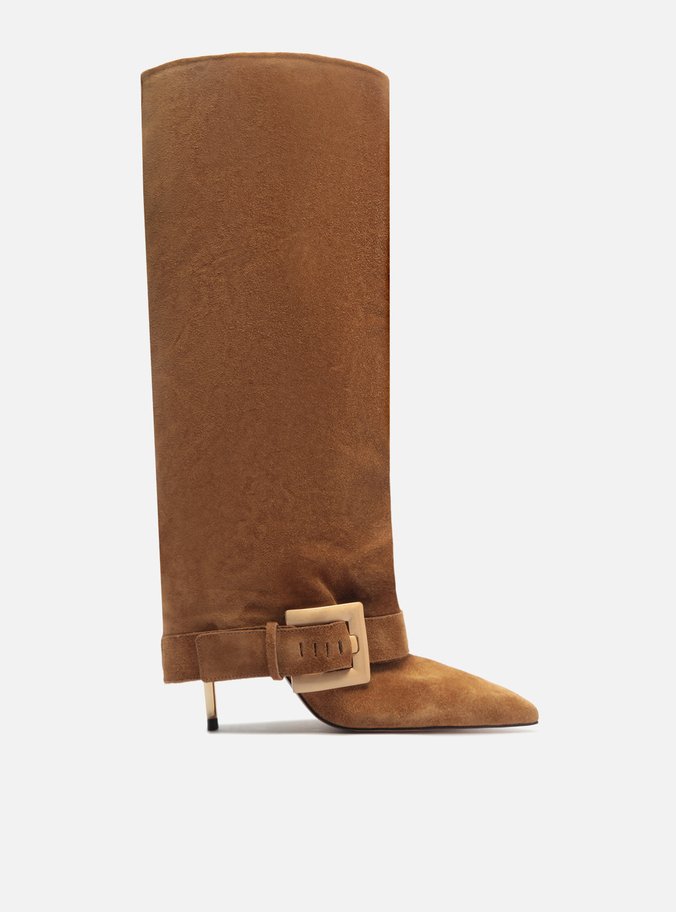 Bota Marrom Camurça Cano Longo Bico Fino Fivela Dourada