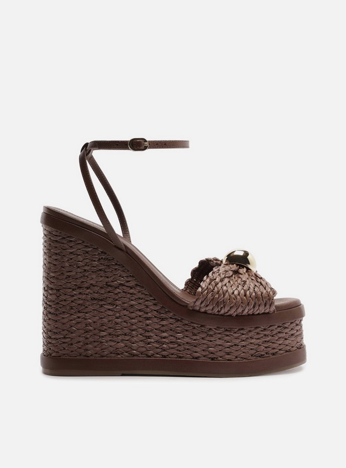 Sandália Marrom Salto Alto Plataforma Tramado Metal