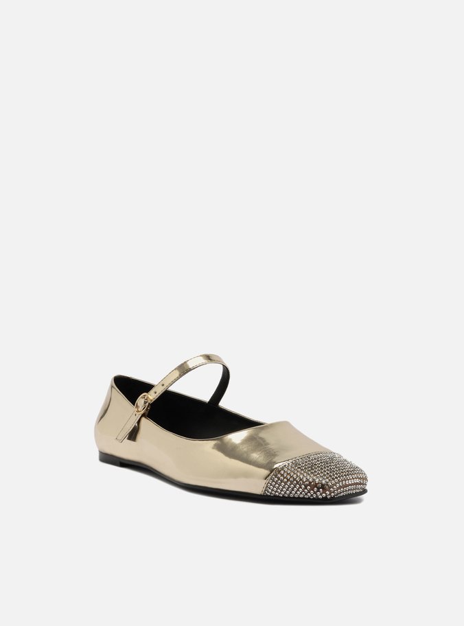 Sapatilha Boneca Dourada Bico Quadrado Strass
