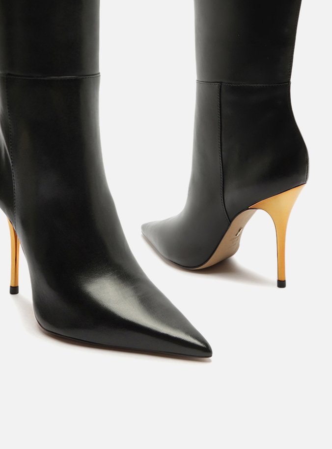 Bota Preta Couro Cano Longo Salto Alto Dourado