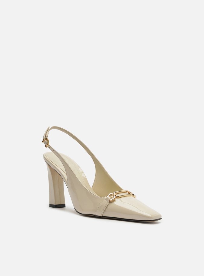 Scarpin Branco Verniz Salto Alto Slingback Metal