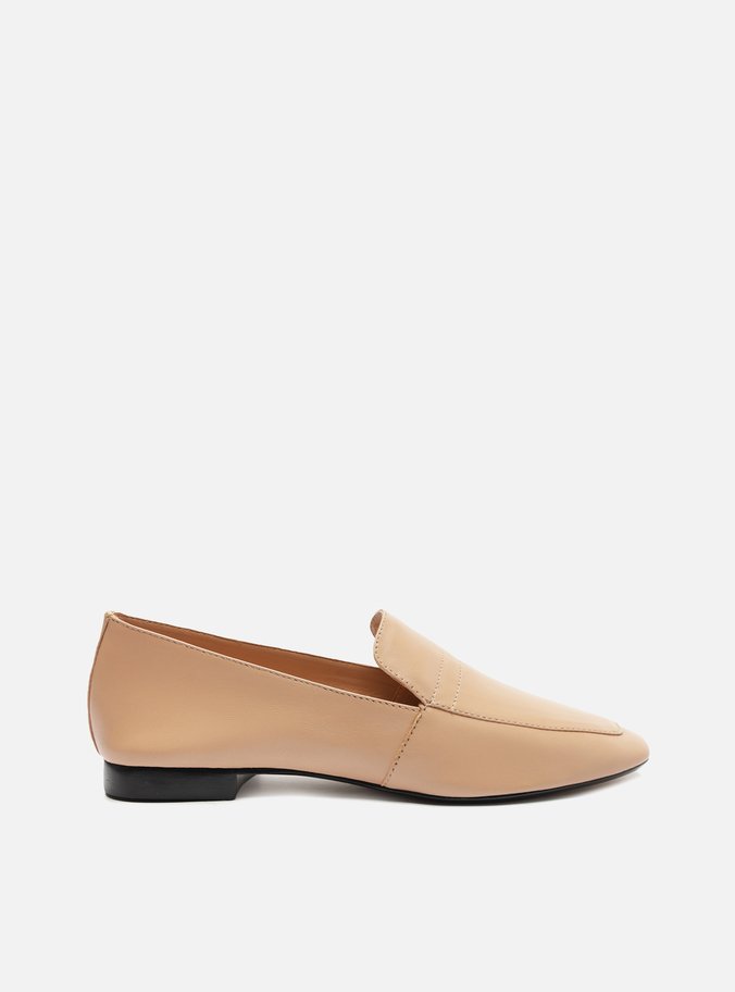 Mocassim Bege Couro Bico Quadrado Liso