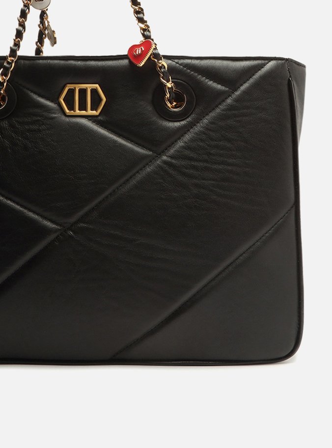 Bolsa Shopping Preta Couro Grande Pingentes