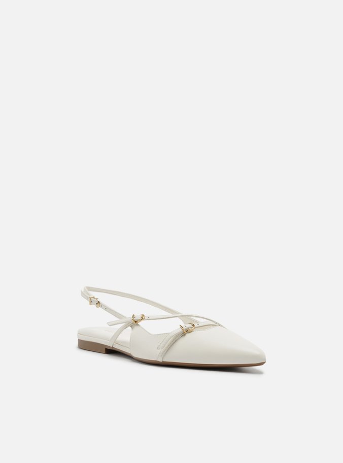Sapatilha Branca Couro Bico Fino Slingback Fivelas