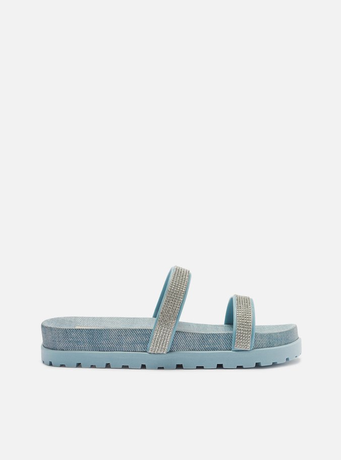 Sandália Rasteira Azul Jeans Tratorada Strass Brizza