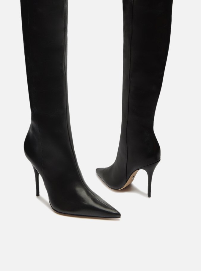Bota Over The Knee Preta Couro Bico Fino