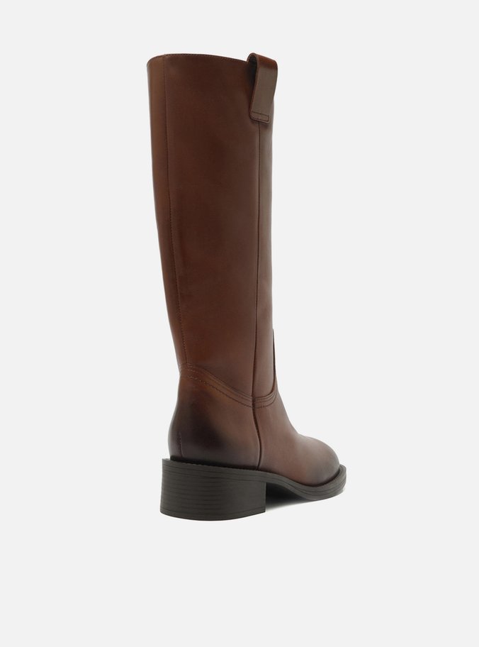Bota Marrom Couro Cano Longo Salto Bloco Tiras