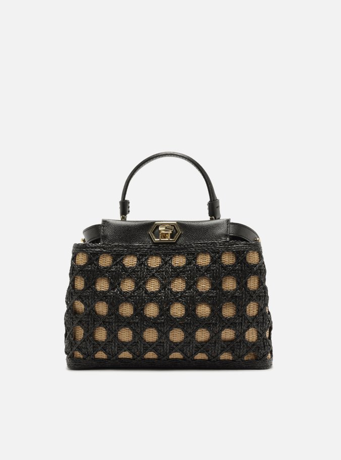 Bolsa Tote Preta Couro Ráfia Média Palhinha
