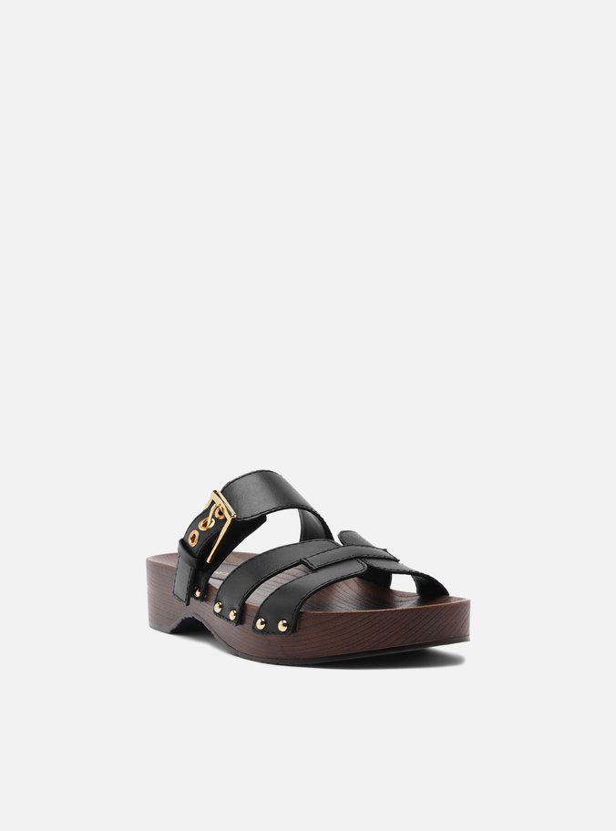 Sandália Clog Preta Couro Flatform Lauren