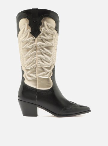 Bota Preta Couro Cano Médio Western Dourada