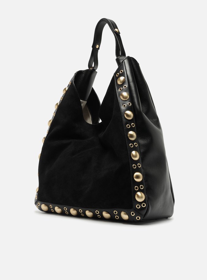 Bolsa Hobo Preta Couro Camurça Grande Metais