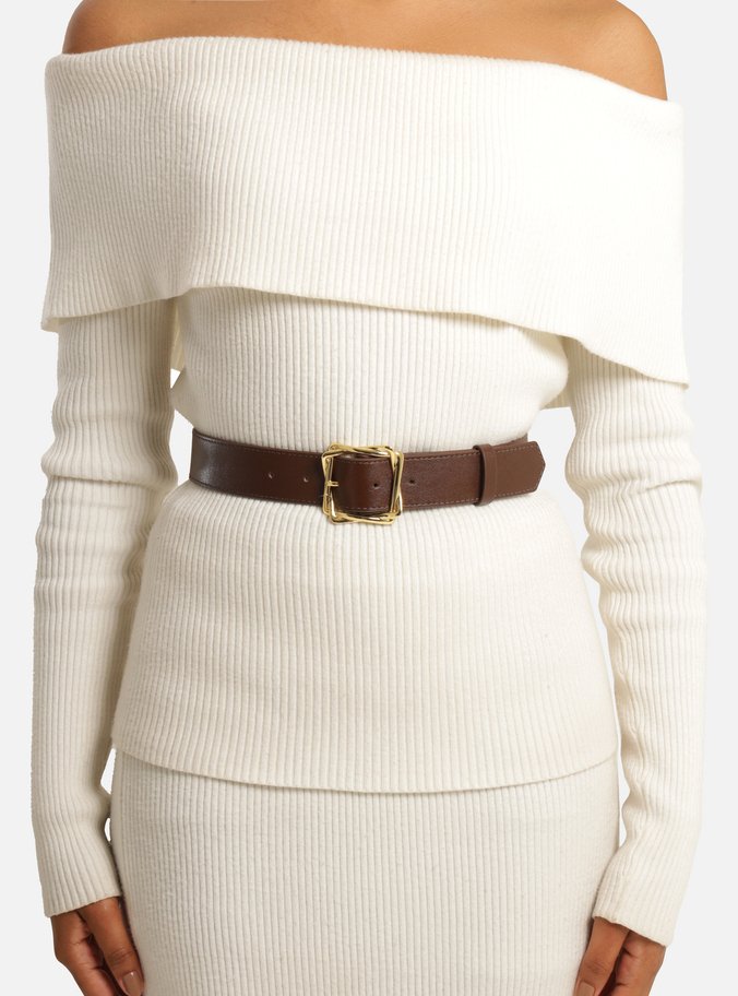 Cinto Marrom Couro Largo Maxi Fivela Entrelaçada