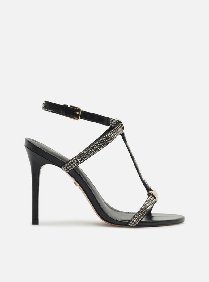 Sandália Preta Couro Salto Alto Fino Strass