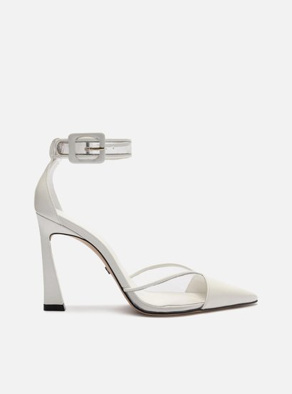 Scarpin Branco Couro Salto Alto Bico Fino Vinil | Arezzo