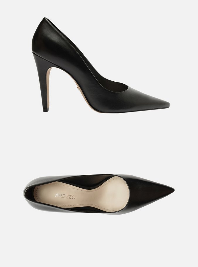 Scarpin Preto Couro Salto Alto Bico Fino