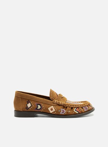 Mocassim Marrom Suede Bridão Metálico Bordado