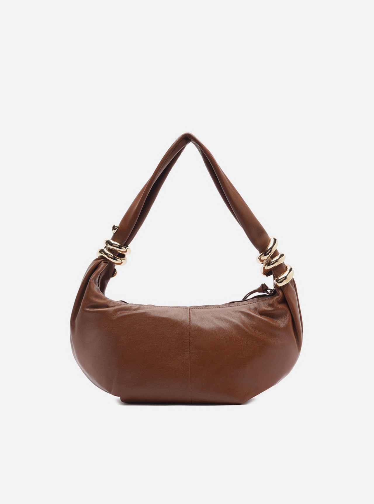 Bolsa Hobo Marrom Couro Média Argolas Douradas — foto 3