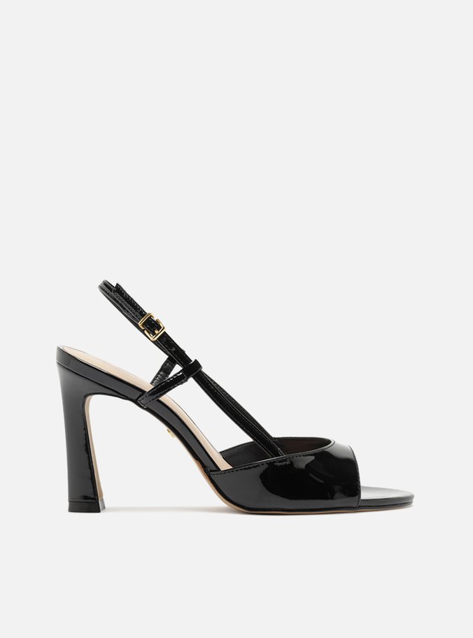 Sandália Preta Verniz Salto Médio Slingback