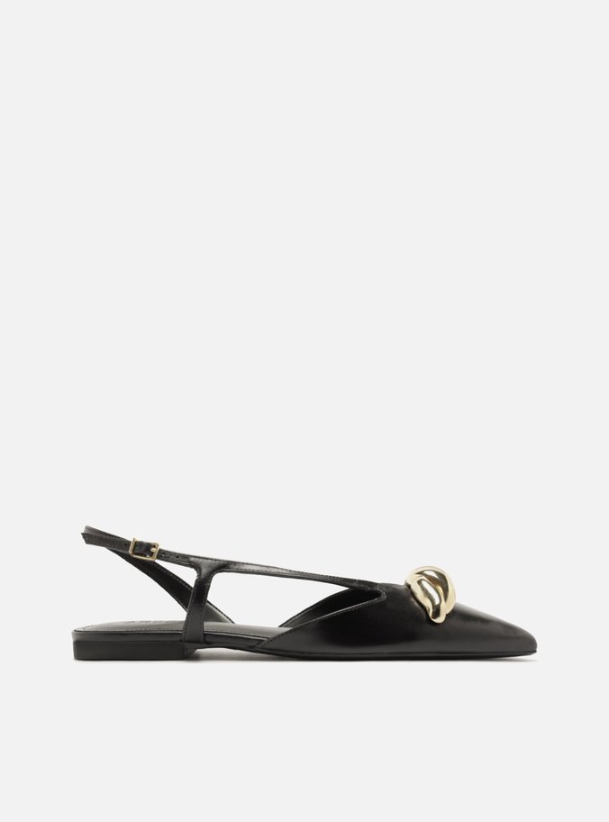 Sapatilha Preta Couro Bico Fino Slingback