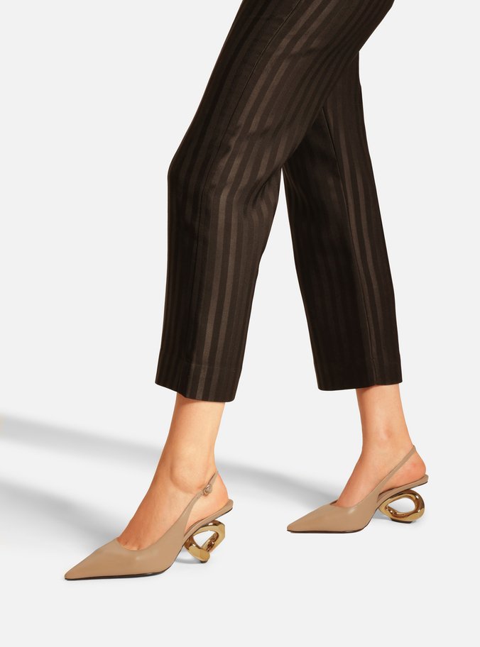Scarpin Bege Couro Salto Geométrico Slingback