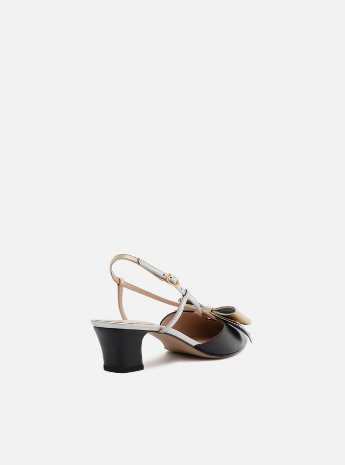 Scarpin Preto Couro Salto Baixo Slingback Laço