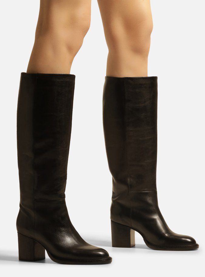 Bota Preta Couro Cano Longo Salto Bloco Montaria