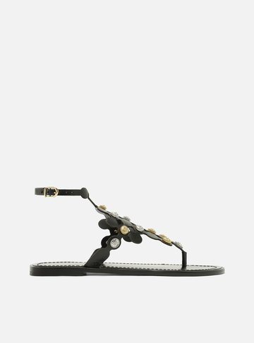 Sandália Rasteira Preta Couro Círculos Metais