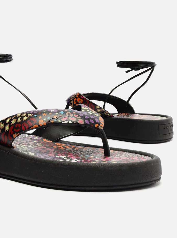 Sandália Rasteira Preta Floral Amarração Brizza