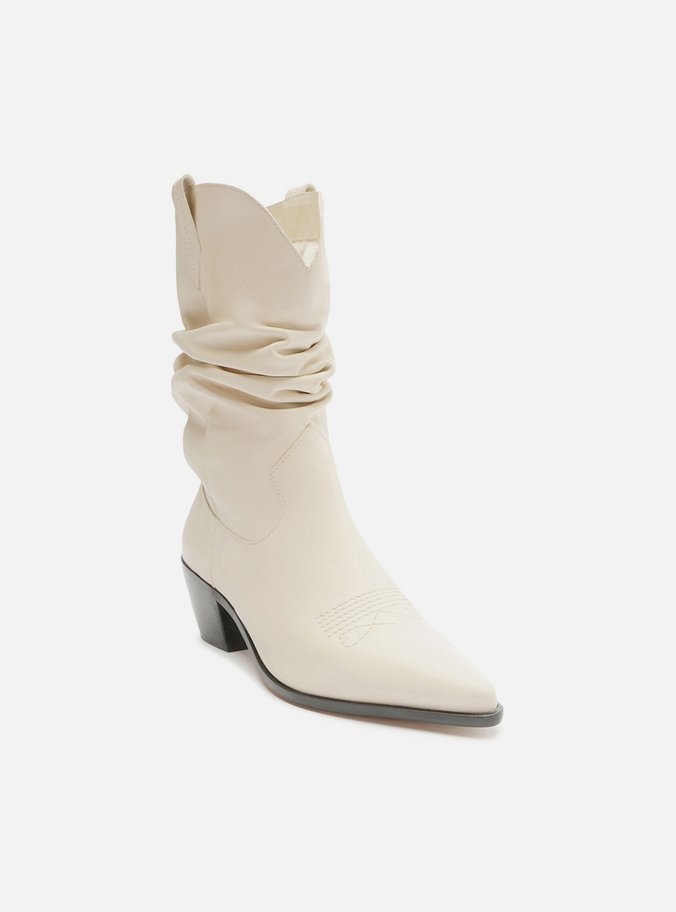 Bota Branca Couro Cano Curto Franzido Western