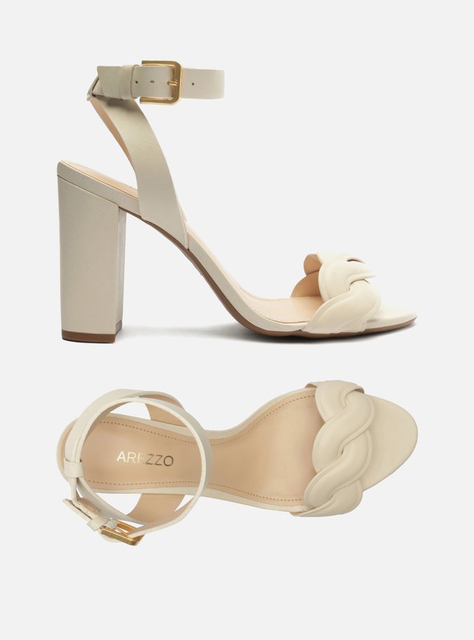 Sandália Off-White Couro Salto Bloco Trama Fivela
