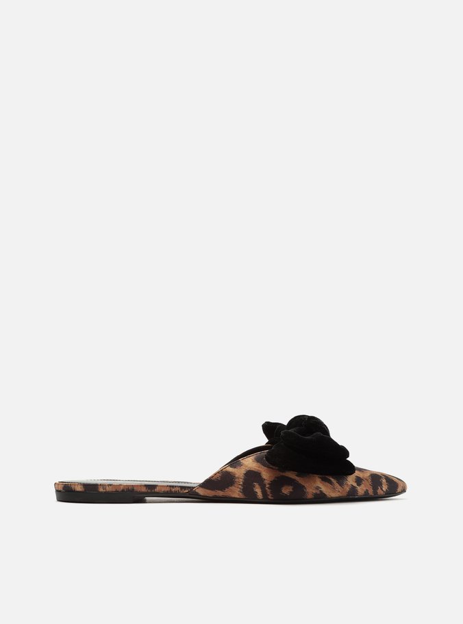 Mule Animal Print Tecido Bico Fino Flat Laço